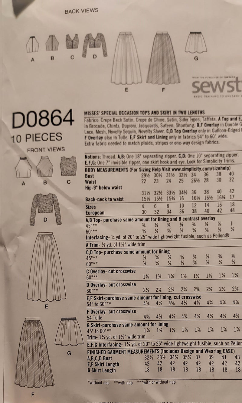 Simplicity D0864, Misses Evening Wear, Tops and Skirts (2 lengths), Uncut Sewing Pattern