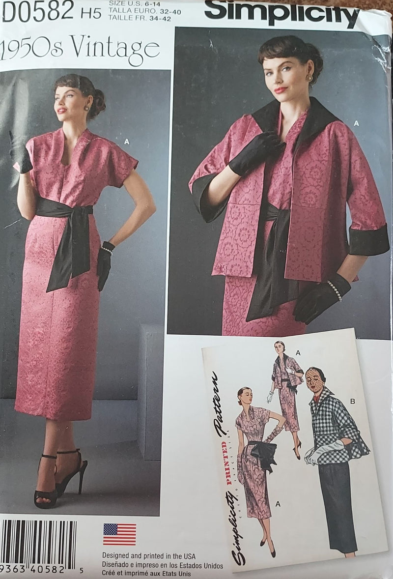 Simplicity D0582, Misses Dress and Jacket, Uncut Sewing Pattern, Vintage 1950s Retro