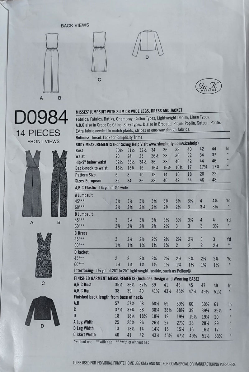 Simplicity D0984, Misses Jumpsuit, Dress, Jacket, Uncut Sewing Pattern