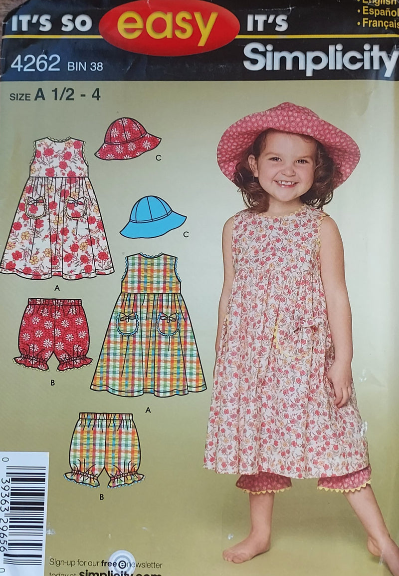 Simplicity 4262, Girls Dresses, Hat, Panties, Uncut Sewing Pattern