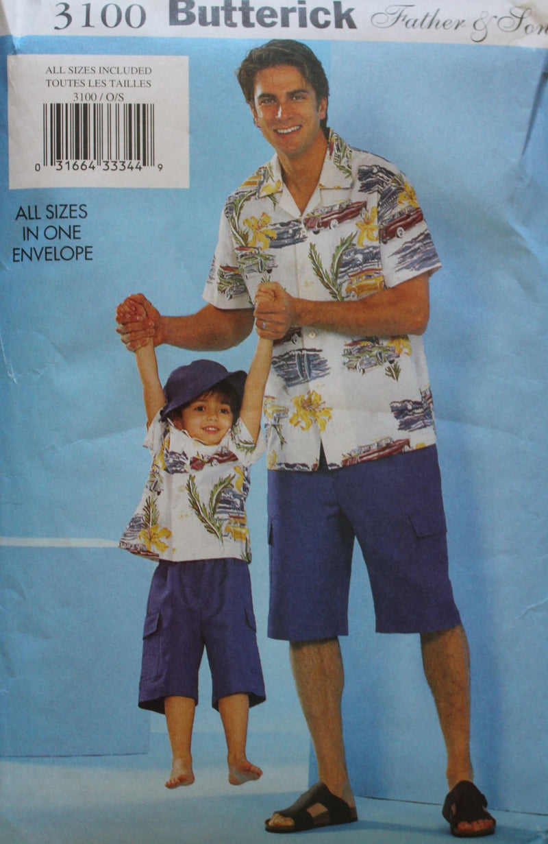 Butterick 3100, Mens, Children's Shirts, Shorts, Hats, Uncut Sewing Pattern