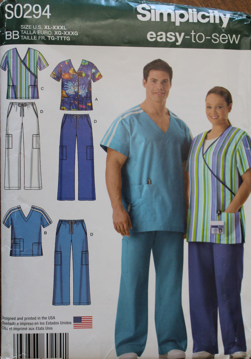Simplicity S0294, Mens, Womens Scrubs, Uniforms, Uncut Sewing Pattern