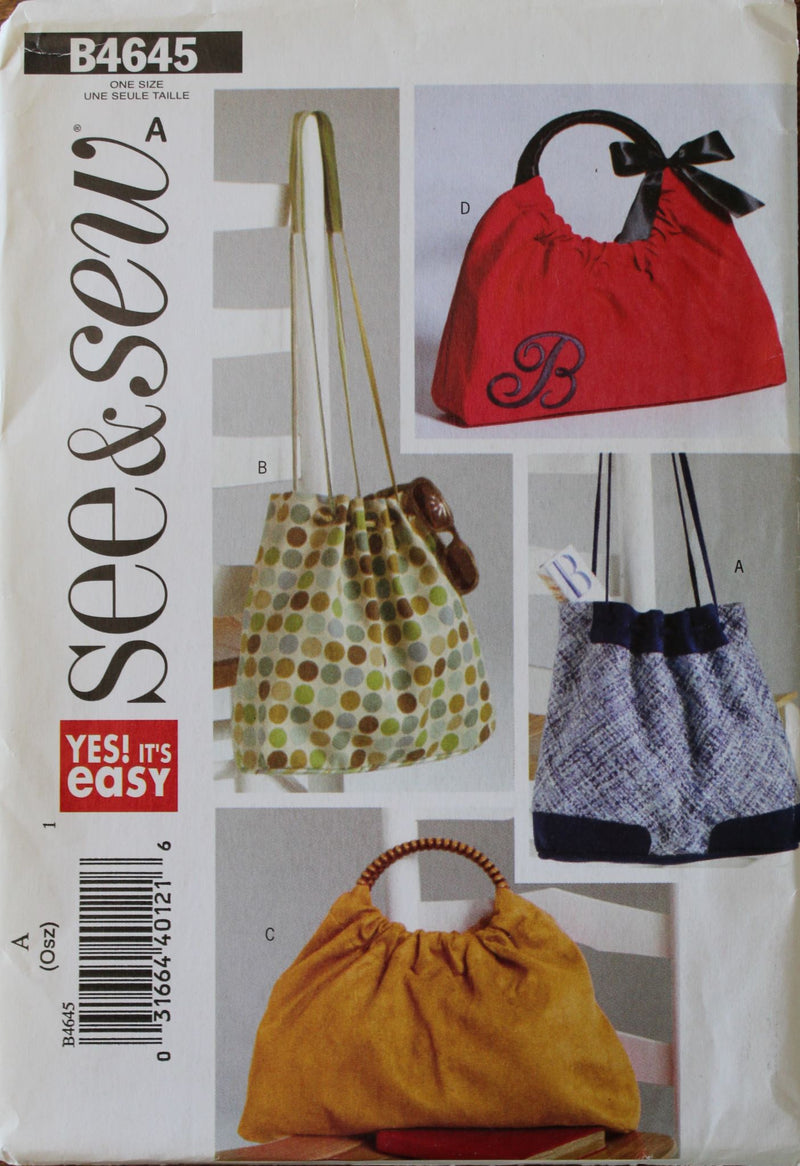 Butterick See & Sew B4645, Handbags, Totes, Uncut Sewing Pattern