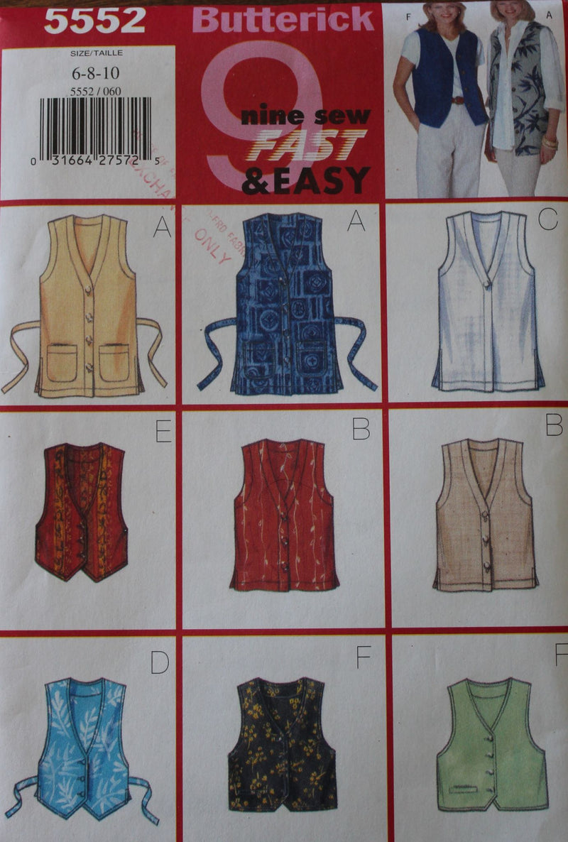 Butterick 5552, Misses Vests, Uncut Sewing Pattern