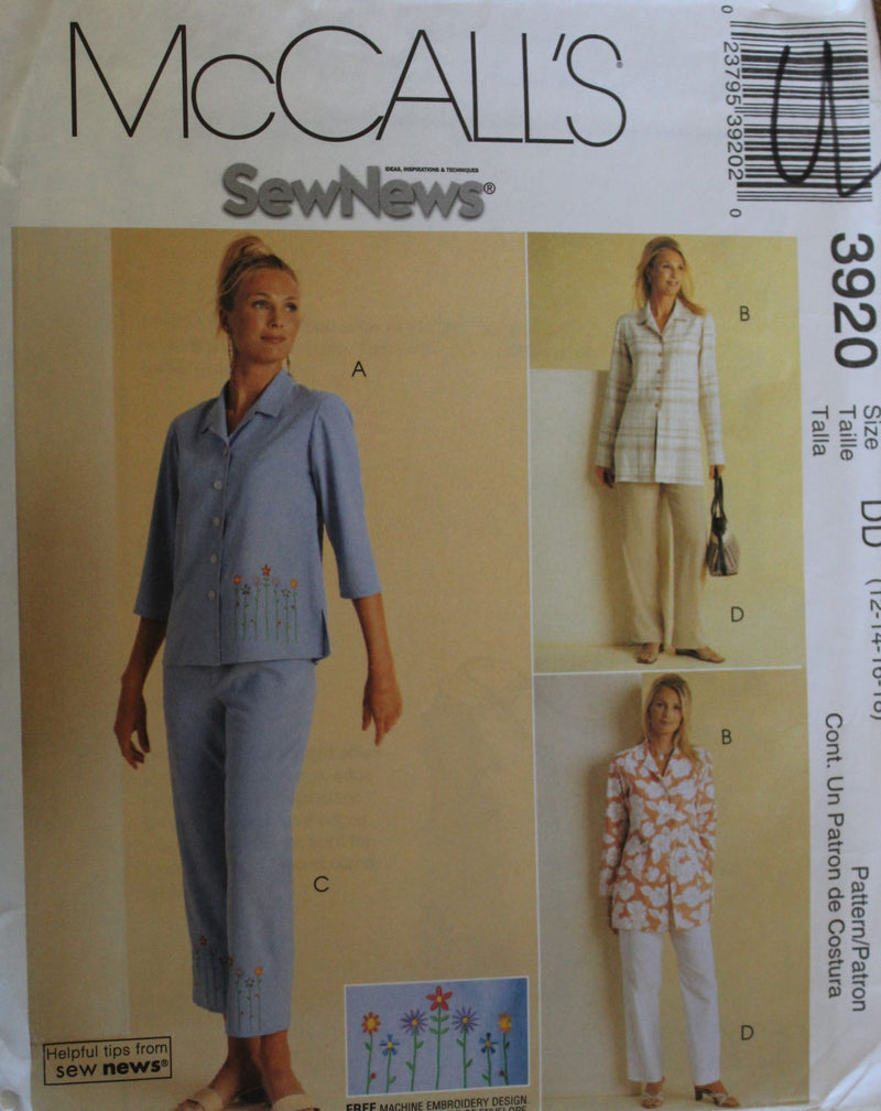 McCalls 3920, Misses Tops, Pants, Uncut Sewing Pattern