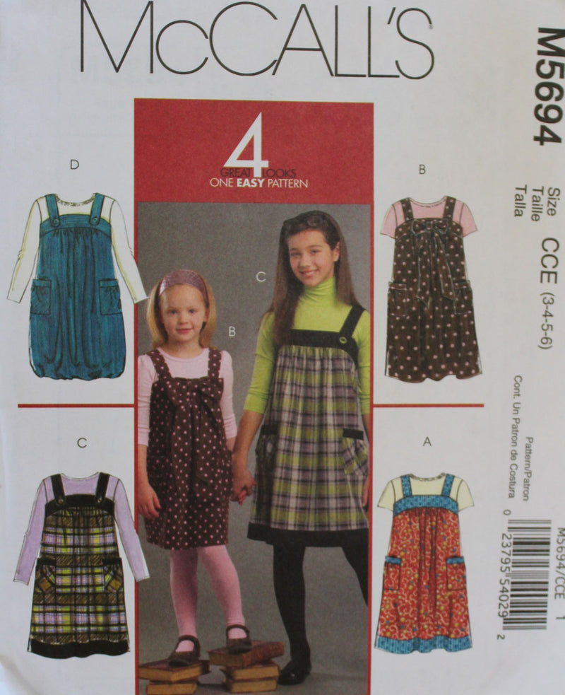 McCalls M5694, Girls Dresses, Jumpers, Uncut Sewing Pattern