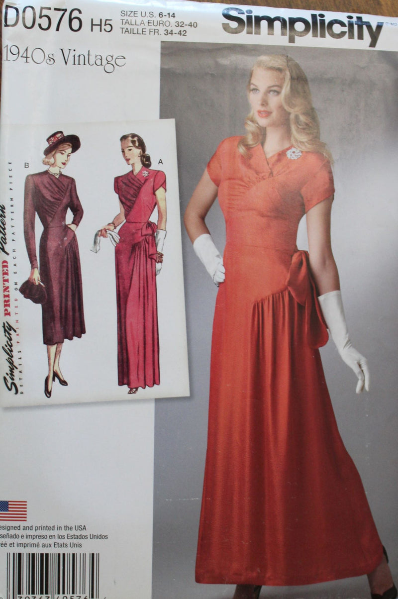 Simplicity D0576, Misses Formals, Dresses, 1940s , Uncut Sewing Pattern