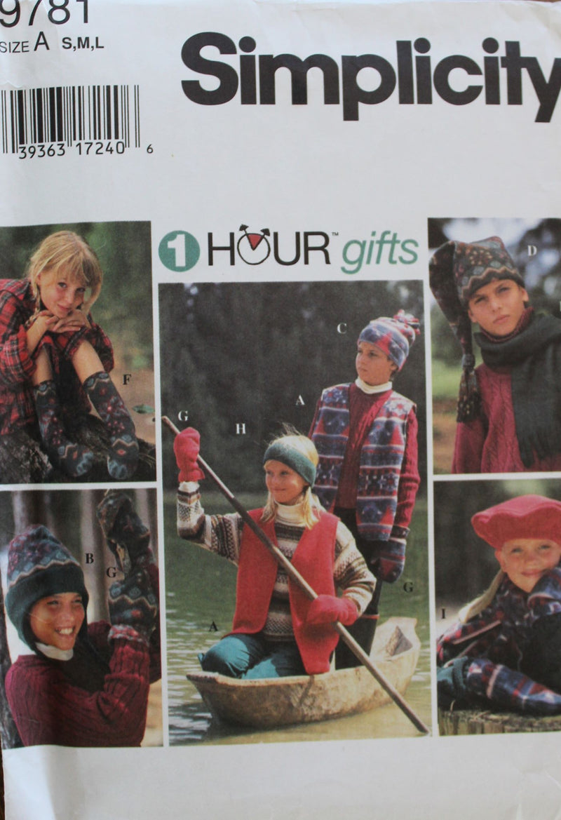 Simplicity 9781, Childrens Accessories, Hats, Mittens, Scarves, Slippers, Vest, Uncut Sewing Pattern