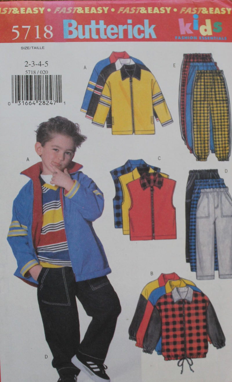 Butterick 5718, Boys Coats, Vests, Pants, Jackets, Uncut Sewing Pattern