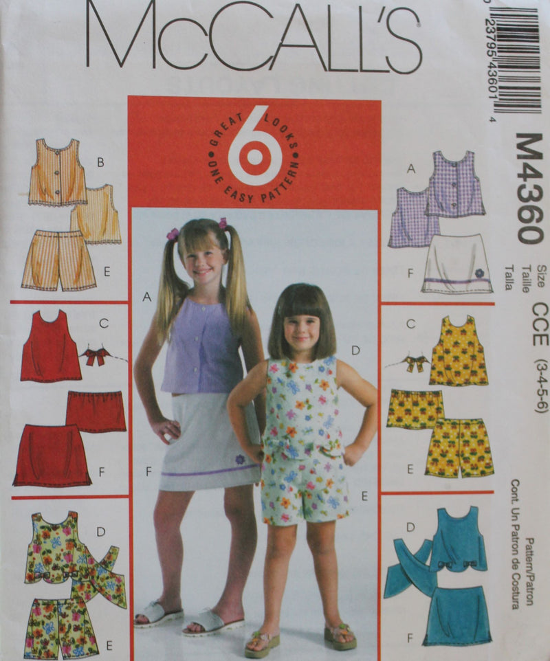 McCalls M4360, Girls Tops, Skorts, Shorts, Uncut Sewing Pattern