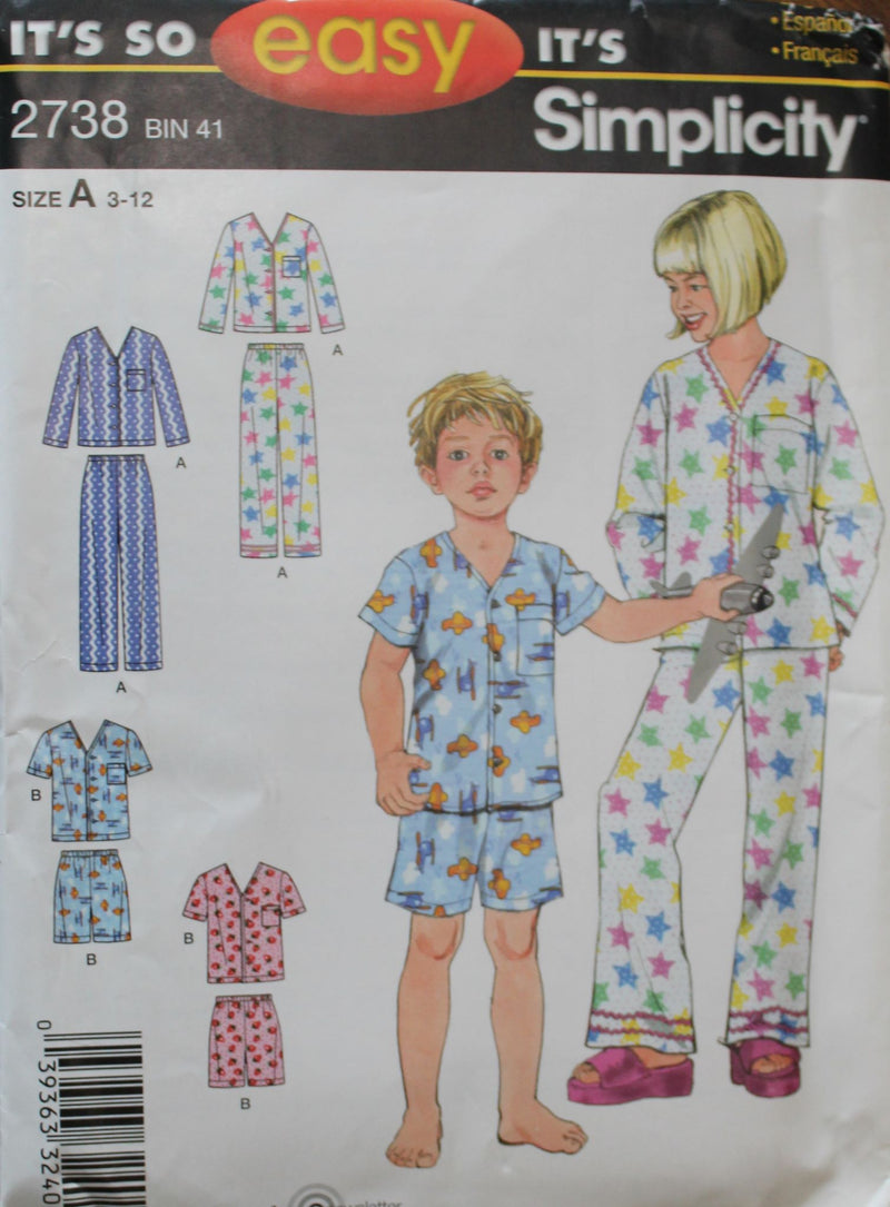 Simplicity 2738, Childrens Sleepwear, Pajamas, Uncut Sewing Pattern