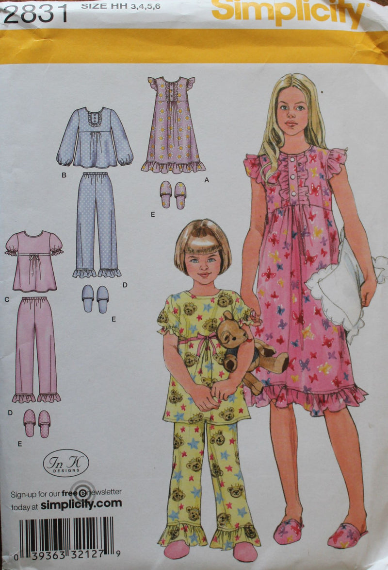 Simplicity 2831, Girls Sleepwear, Pajamas, Uncut Sewing Pattern