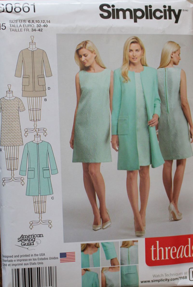 Simplicity S0861, Misses Dress and Coat or Jacket, Lined, Uncut Sewing Pattern