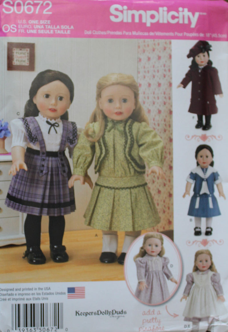 Simplicity S0672, Doll Clothing for 18" Dolls, Crafts, Uncut Sewing Pattern