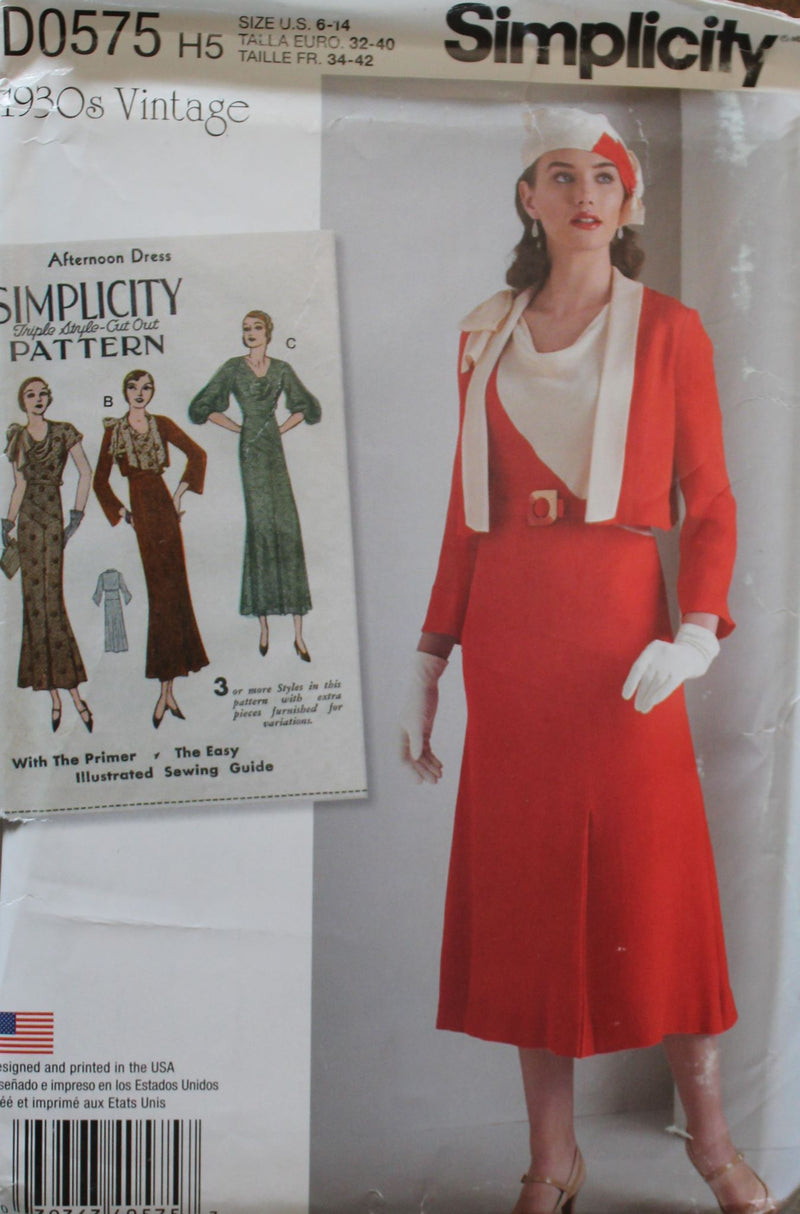 Simplicity D0575, Misses Dresses, Uncut Sewing Pattern, 1930s Vintage