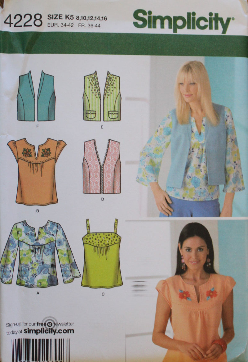 Simplicity 4228, Misses Tops, Lined Vests, Uncut Sewing Pattern