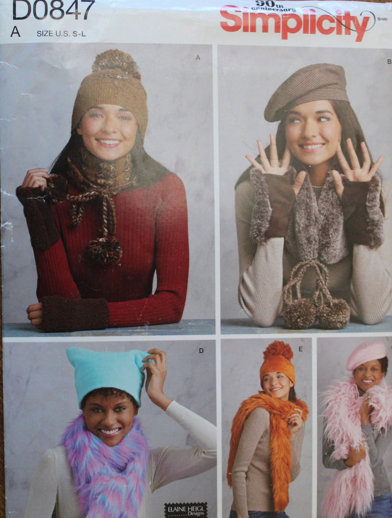 Simplicity D0847, Misses Accessories, Hats, Scarves, Gloves, Uncut Sewing Pattern