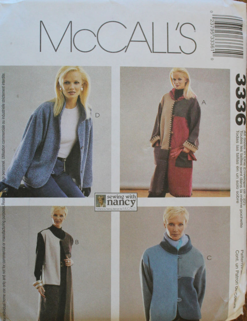 McCalls 3336, Misses Coat, Jackets, Vests, Uncut Sewing Pattern