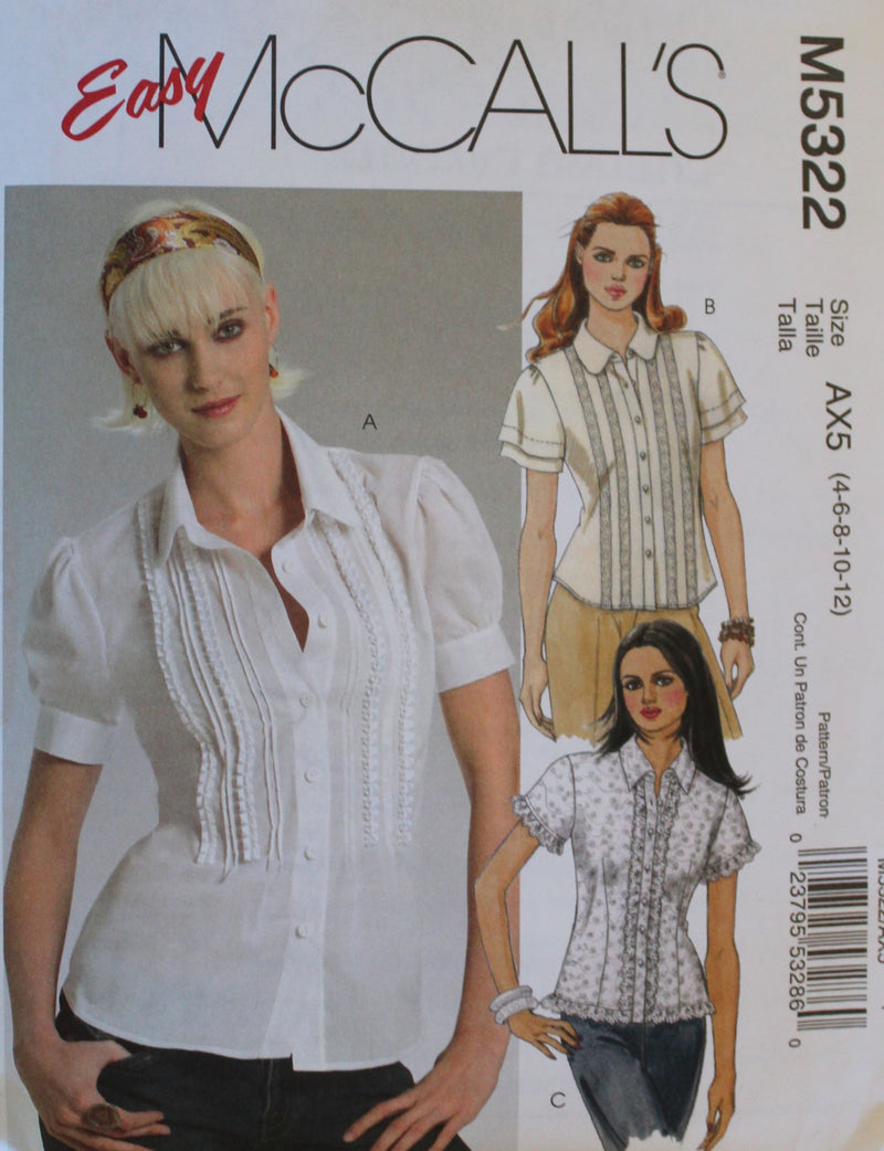 McCalls M5322, Misses Shirts, Uncut Sewing Pattern