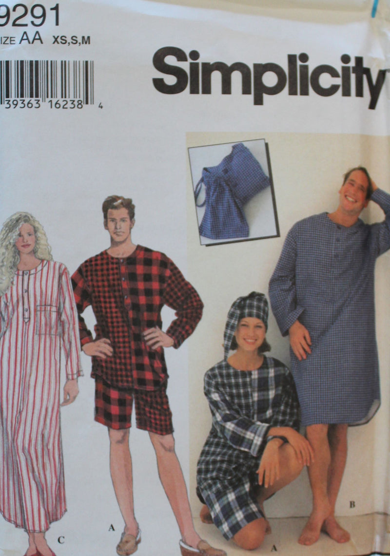 Simplicity 9291, Mens, Womens Sleepwear, Uncut Sewing Pattern