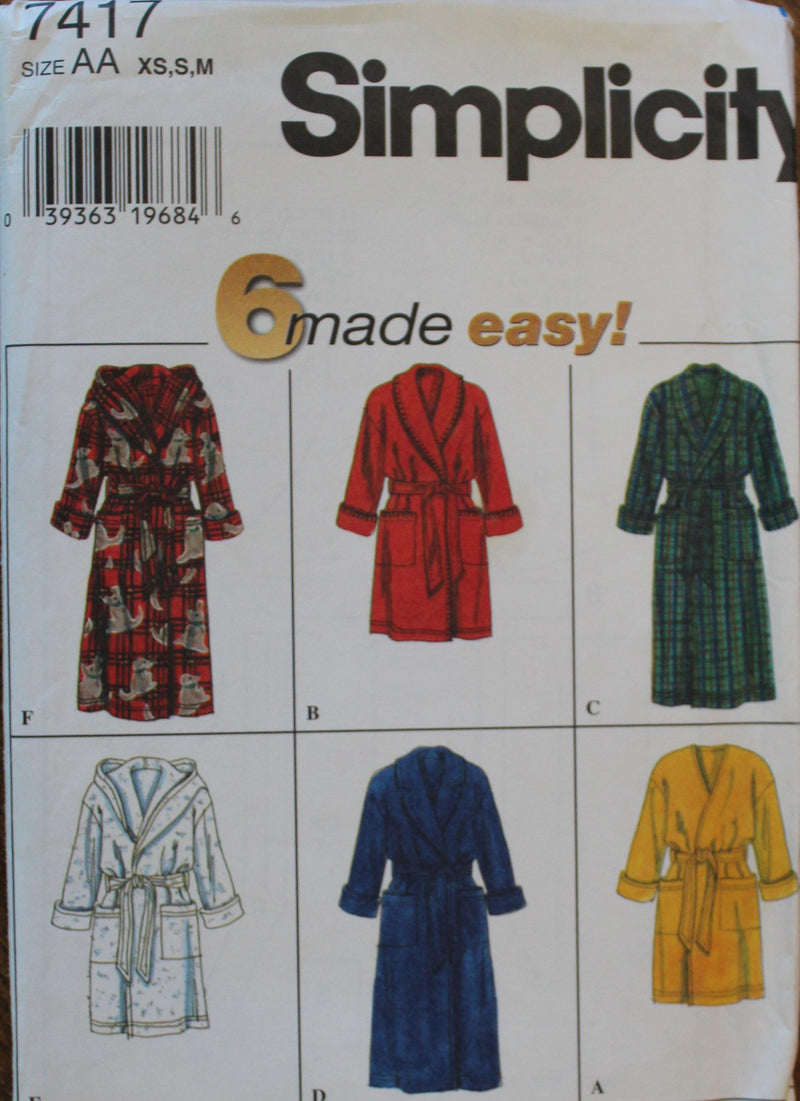 Simplcity 7417, Mens, Misses Robes, Uncut Sewing Pattern