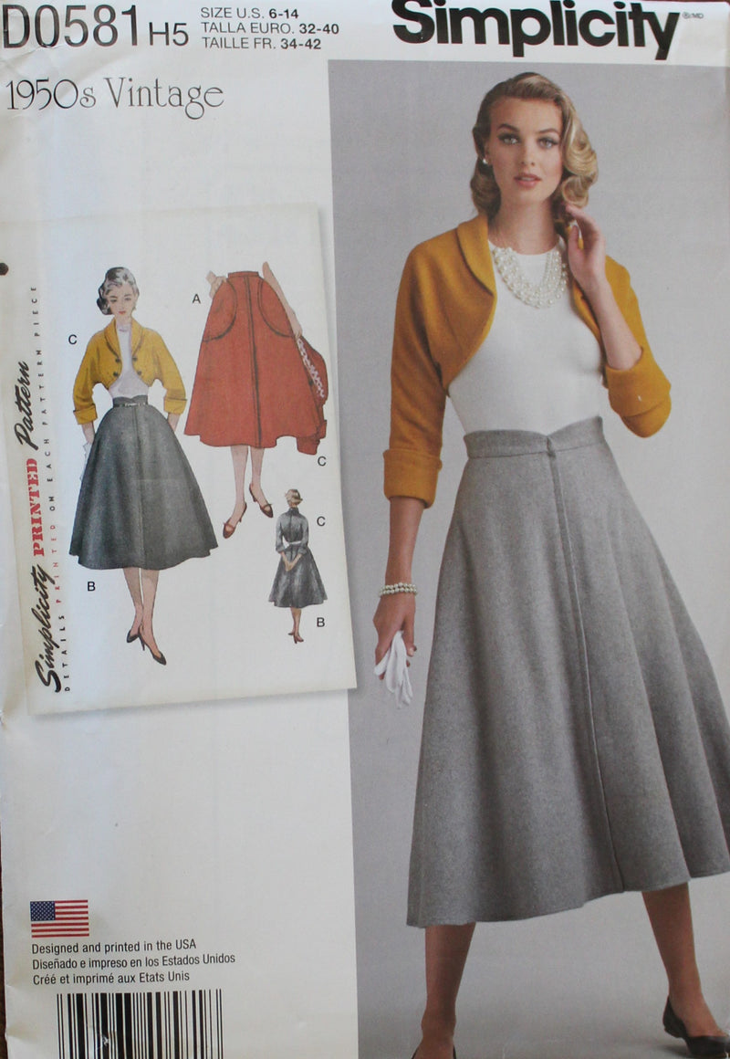 Simplicity D0581, Misses Skirts, Lined Bolero, 1950s , Uncut Sewing Pattern
