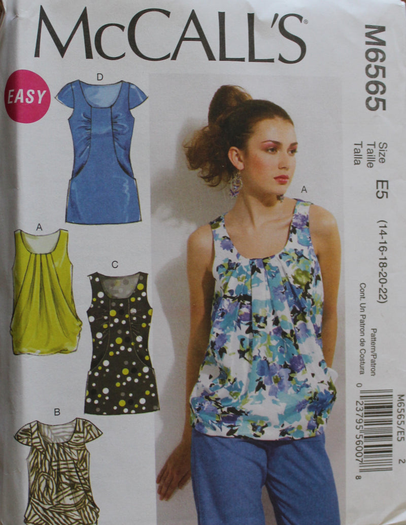 McCalls M6565, Misses Tops, Lined,  Pullover, Uncut Sewing Pattern