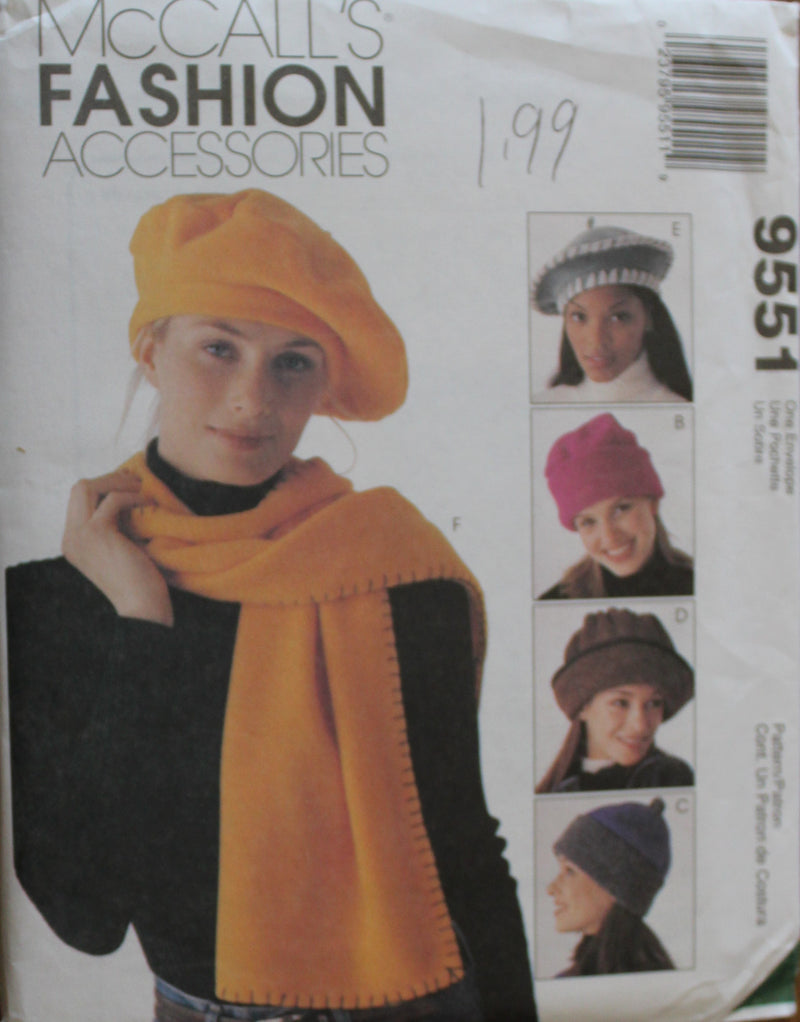 McCalls 9551, Fashion Accessories, Hats, Scarves, Uncut Sewing Pattern