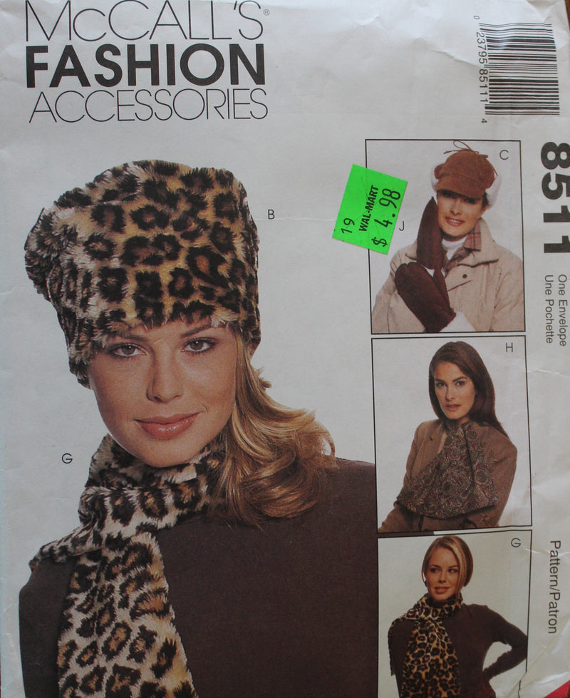 McCalls 8511, Womens Accessories, Hats, Scarves, Mittens, Uncut Sewing Pattern