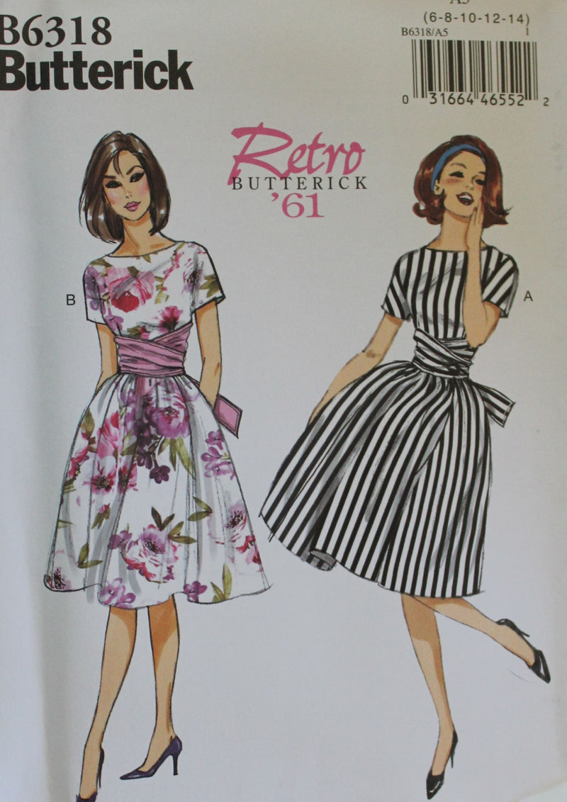Butterick B6318, Misses Dresses, Retro, 1960s dresses, Uncut Sewing Pattern