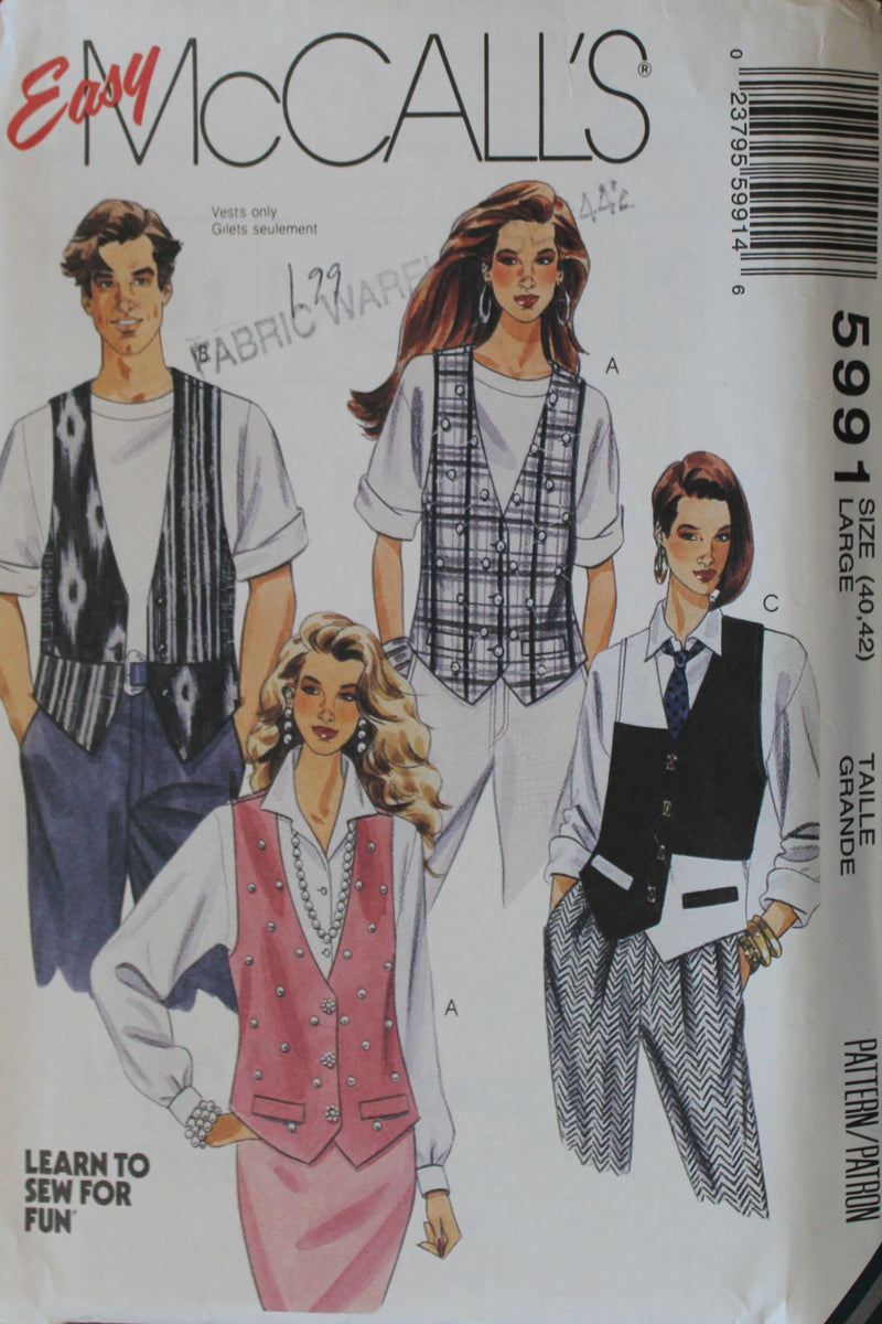 McCalls 5991, Misses and Mens Vests, Uncut Sewing Pattern