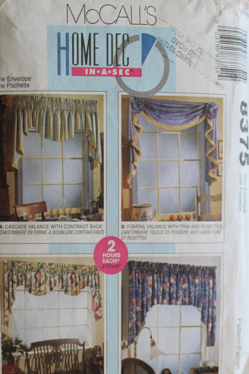 McCalls 8375, Window Treatments, Valance, Uncut Sewing Pattern