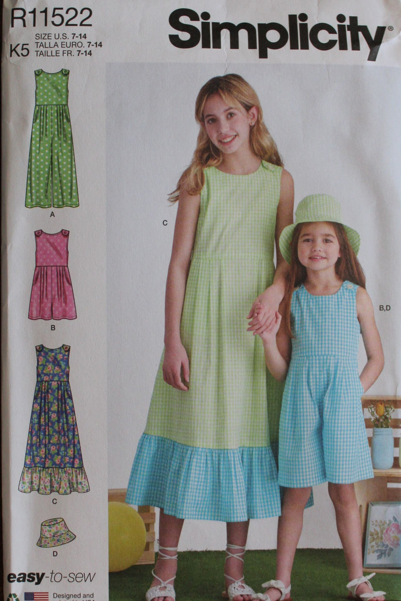 Simplicity R11522, Girls Jumpsuit, Romper,Dress, Uncut Sewing Pattern