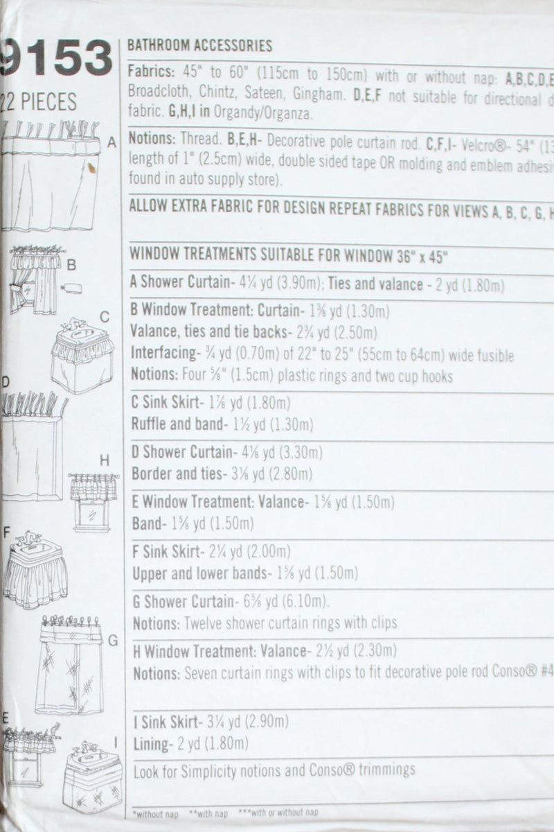 Simplicity 9153, Bathroom Accessories, Window Treatments, Shower Curtain, Uncut Sewing Pattern