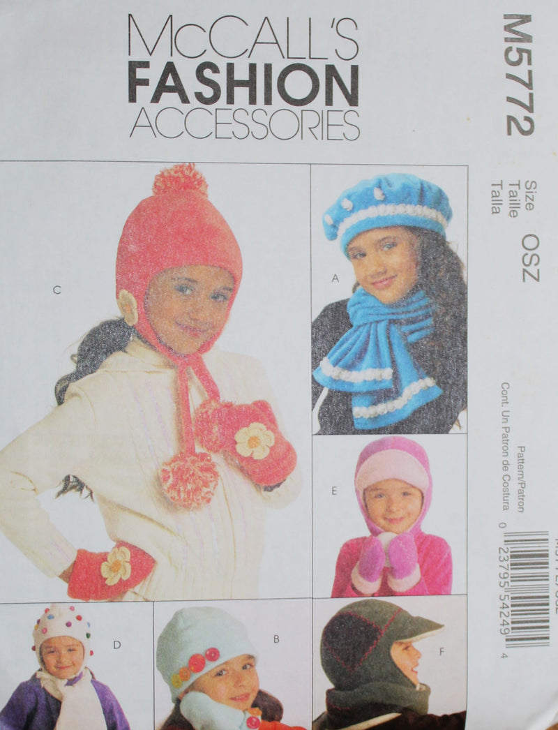 McCalls M5772, Childrens Hats, Scarves, Mittens, Accessories, Uncut Sewing Pattern