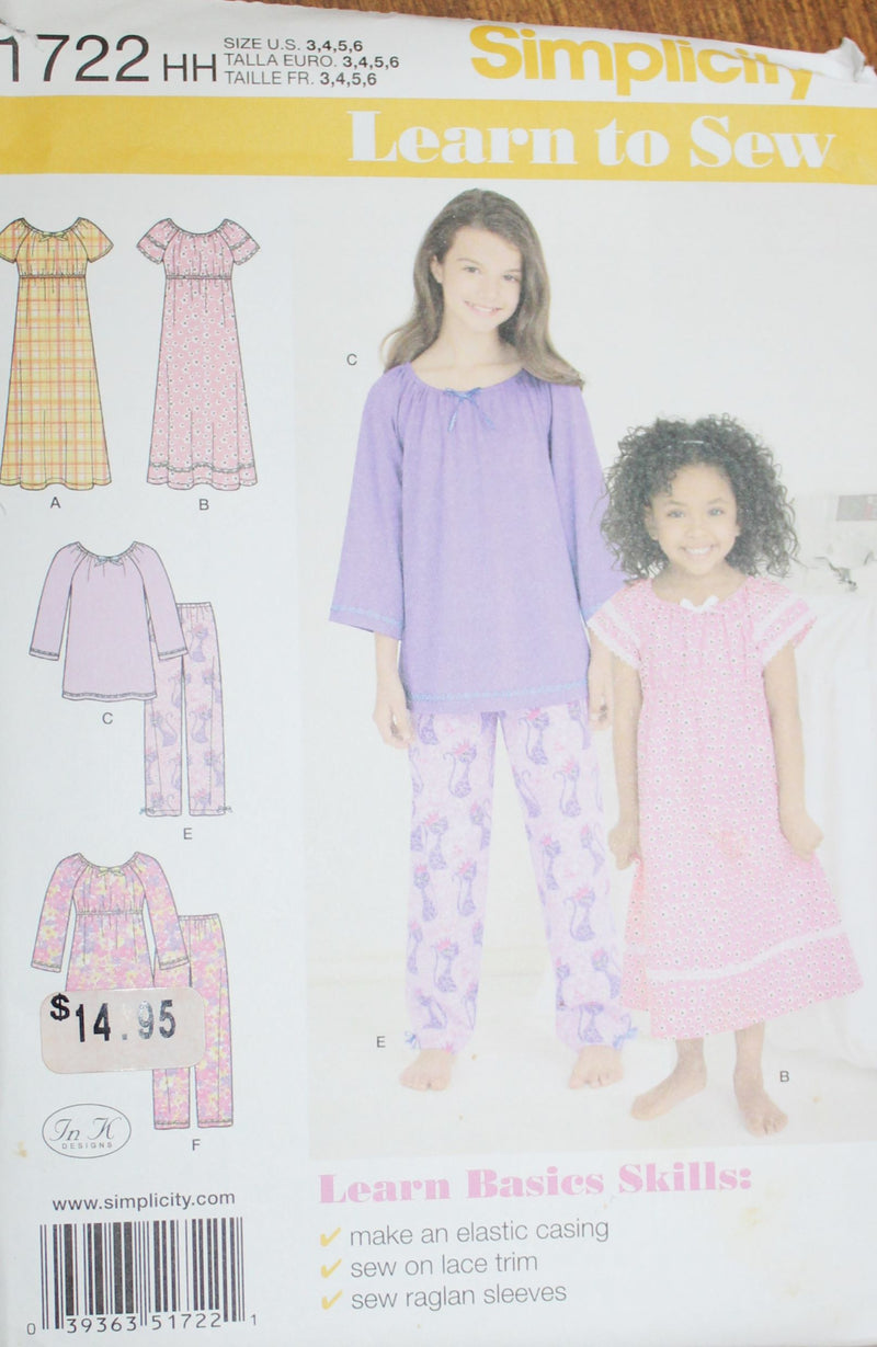 Simplicity 1722, Girls Sleepwear, Separates,  Uncut Sewing Pattern