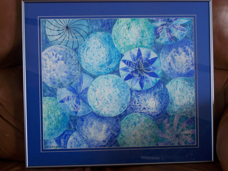 Watercolor painting, Sea Glass Floats, artwork, glass balls, Prof. framed and matted