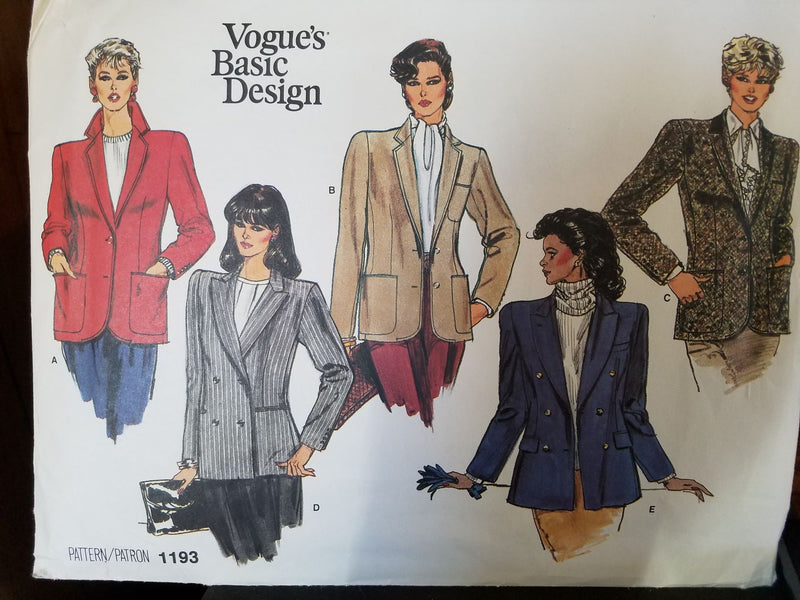 Vogue 1193, Misses Jackets, Lined, Uncut Sewing Pattern