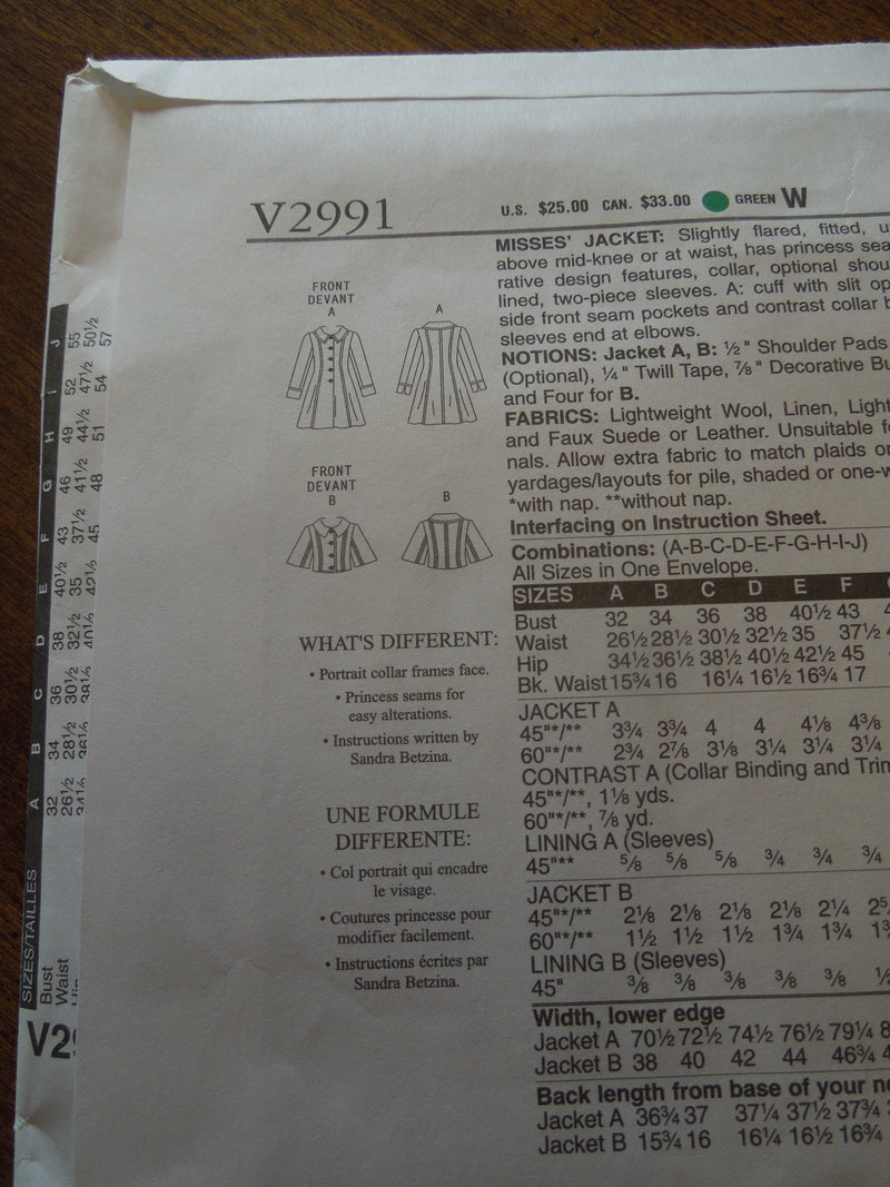 Vogue V2991, Misses Jackets, UNCUT Sewing Pattern