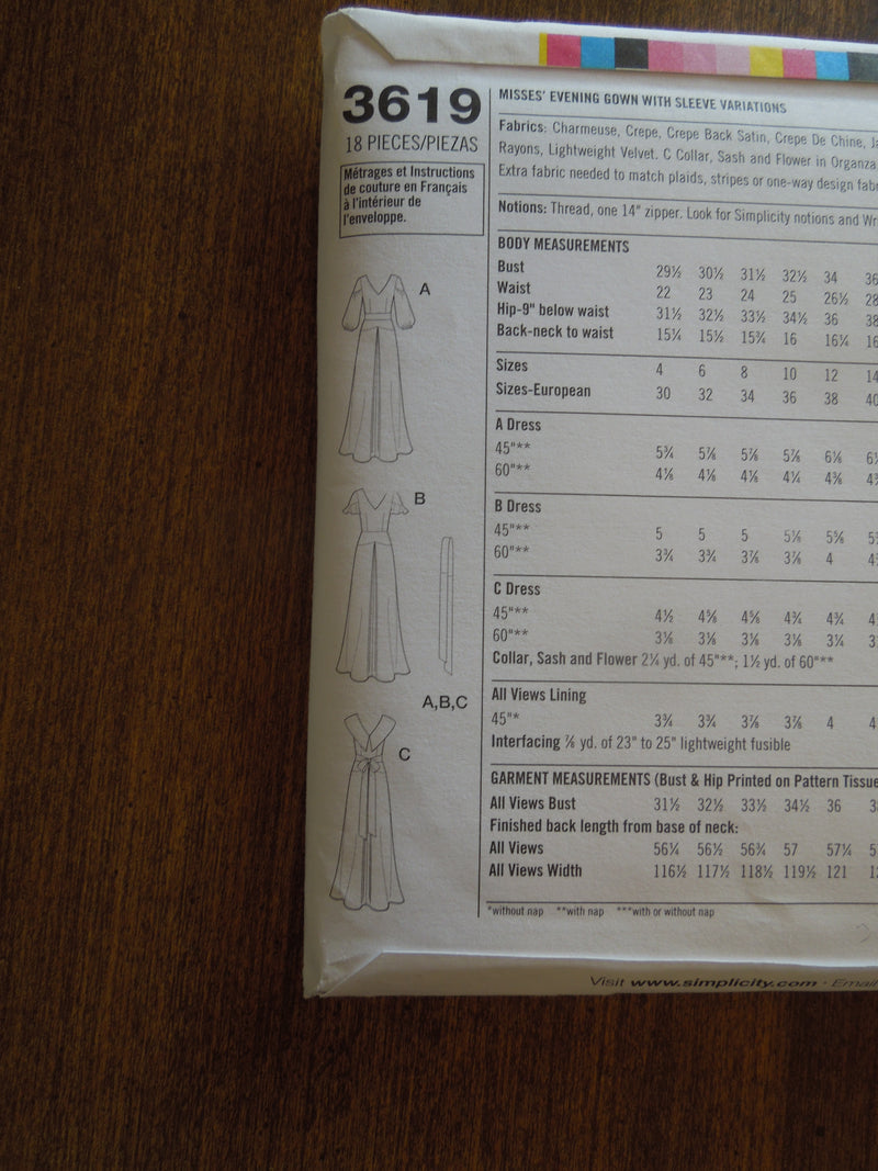 Simplicity 3619, Misses, Evening Gown,  Sizes 4-12, UNCUT sewing pattern,