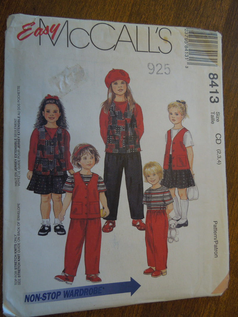 McCalls 8413, Girls, Separates, Knits, Sizes 2 to 4, UNCUT sewing pattern