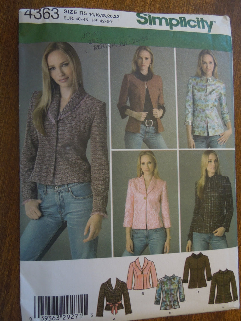 Simplicity 4363, Misses, Jackets, Lined, Petite,  Sizes 14-22, Uncut Sewing Pattern