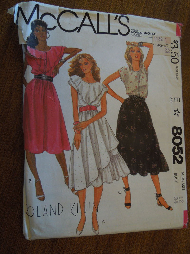 McCalls 8052, Misses, Tops, Skirts, Size 12, UNCUT sewing pattern