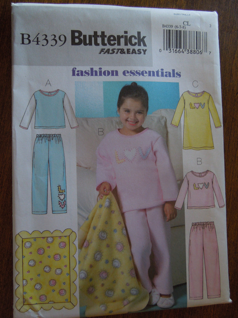 Butterick B4339, Girls, Sleepwear, Blankets, Sizes varies, UNCUT sewing pattern