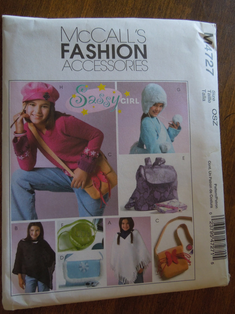 McCalls M4727, Childrens, poncho, hat, bags, backpack, CD case, UNCUT sewing pattern