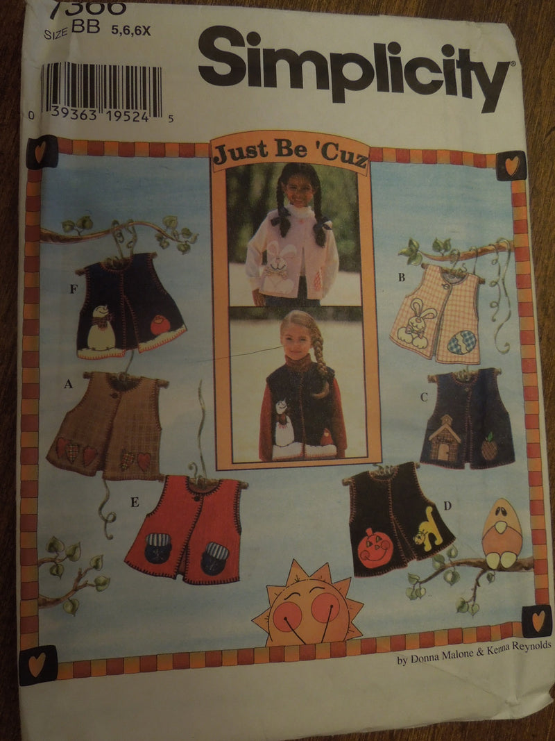 Simplicity 7366, Childrens Vests, UNCUT sewing pattern