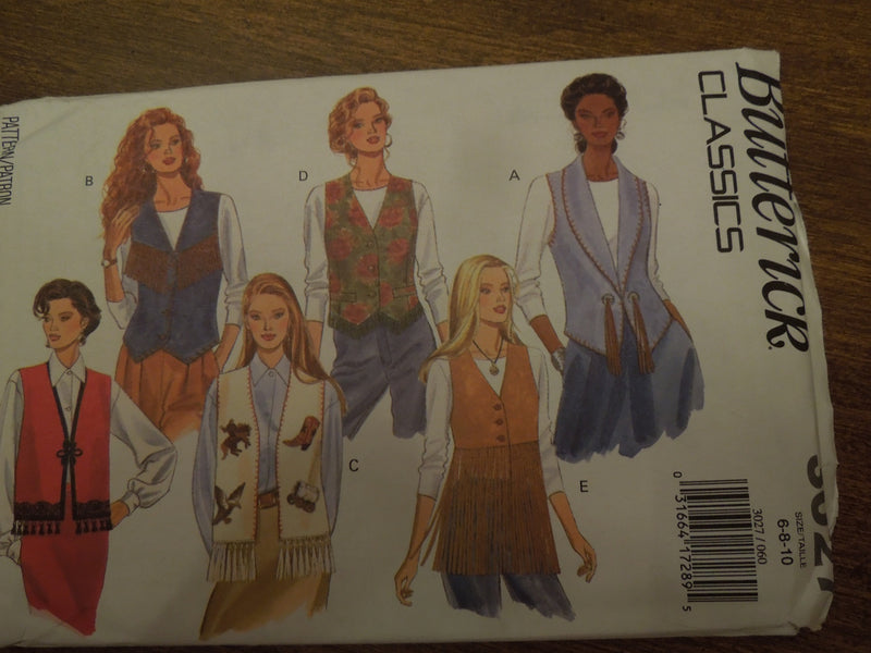 Butterick 3027,Misses, Vests, Lined, Sizes 6 to 10, UNCUT sewing pattern