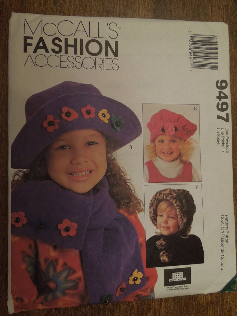 McCalls 9497, sizes 21" -22" head , Childrens, Hats, Caps, Scarves, UNCUT sewing pattern