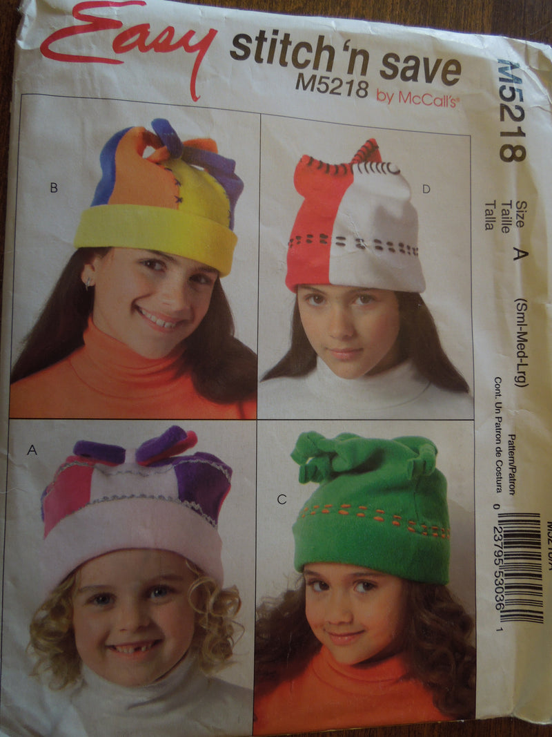 McCalls M5218, Childrens, Hats, Caps, Sizes S-L, UNCUT sewing patterns
