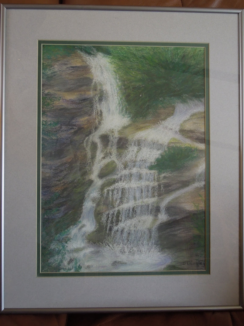 Pastel painting, waterfall, art work, art is prof. framed and matted